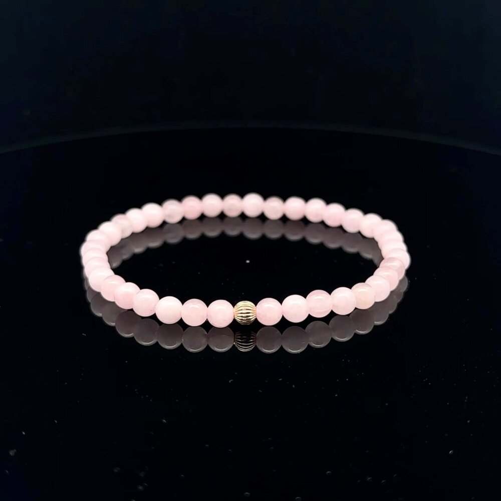 Gemstones Rose Quartz Mini 4mm Stretchable Bracelet 14k Gold Corrugated Bead
